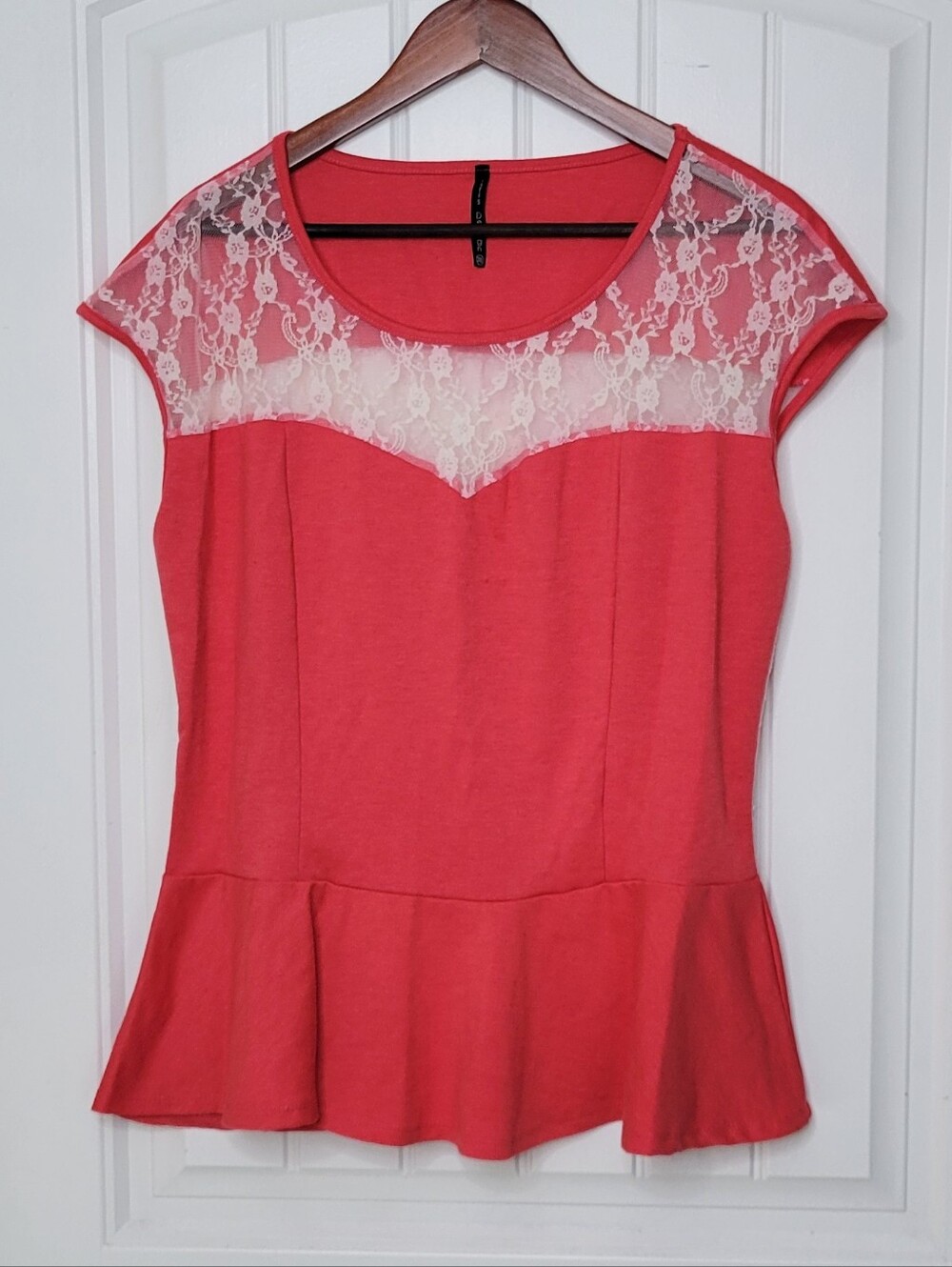 Iris Design Lace Yoke Peplum Top Coral Pink